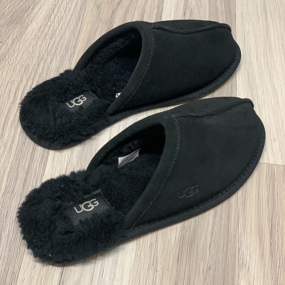 New UGG Women’s black suede Scuff II wool Lined Slippers size 8 EU 39